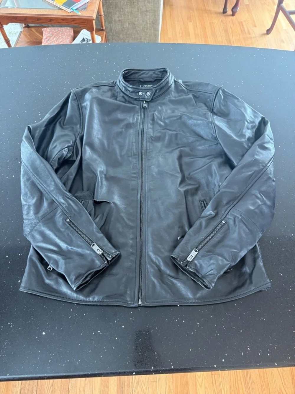 Men's Black Leather Bomber Jacket with Stand Collar *Flawed